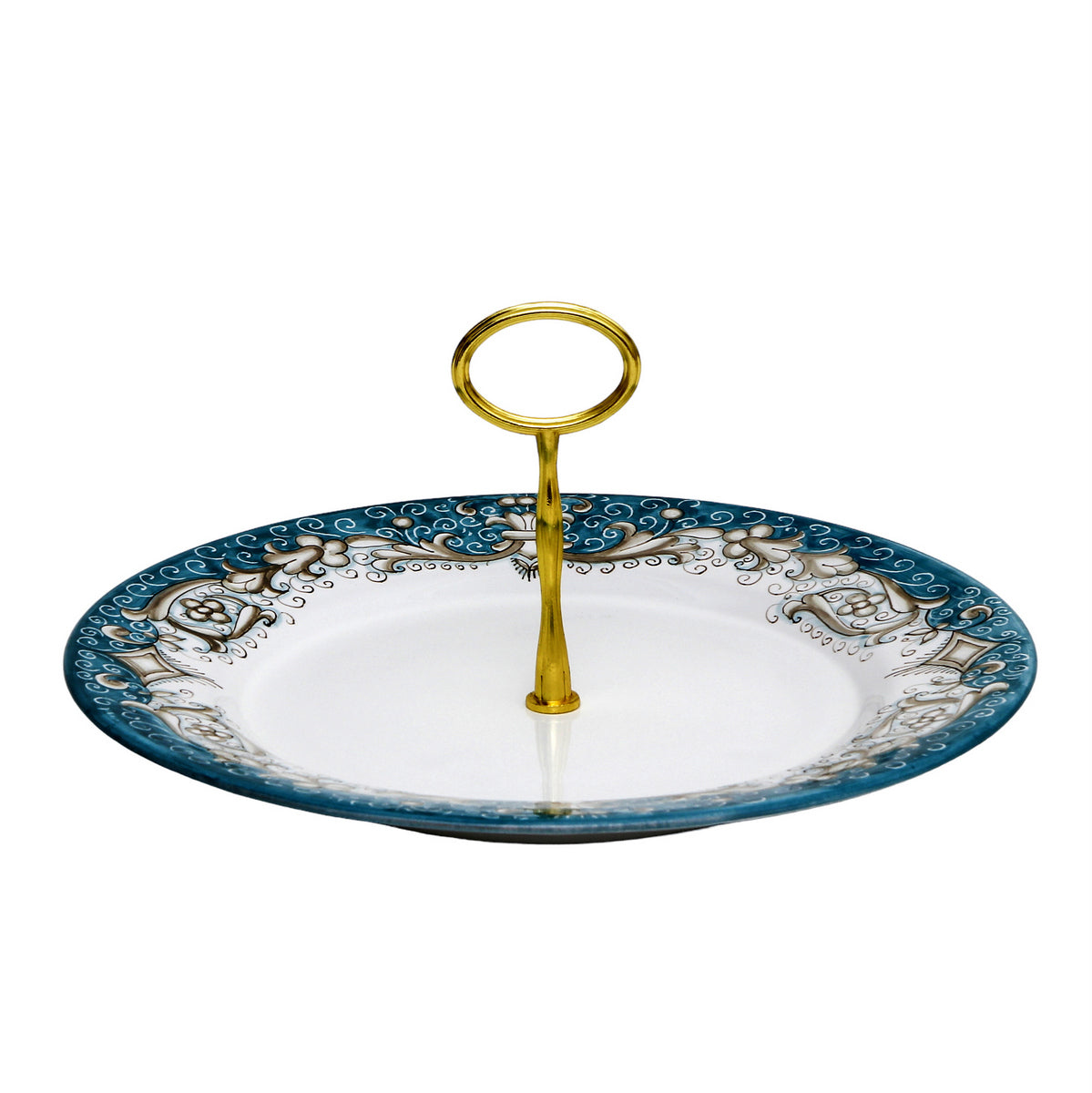 DERUTA COLORI: Tid Bit Server Plate AQUA-TEAL with Golden or Chrome Oval Metal Handle - tops-selection.shop