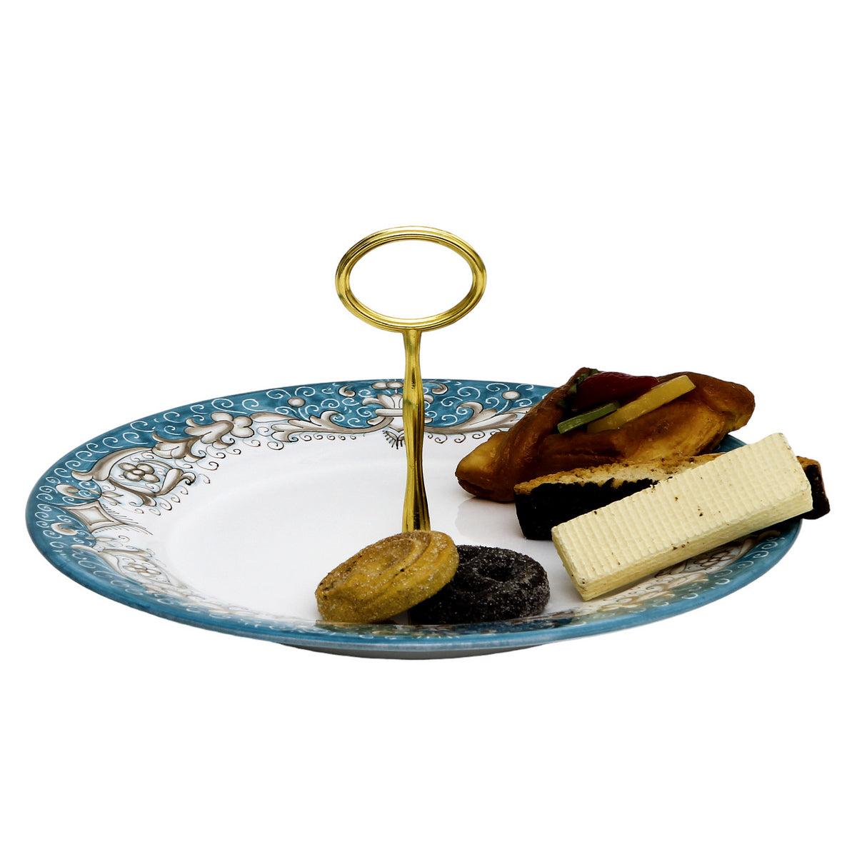DERUTA COLORI: Tid Bit Server Plate AQUA-TEAL with Golden or Chrome Oval Metal Handle - tops-selection.shop