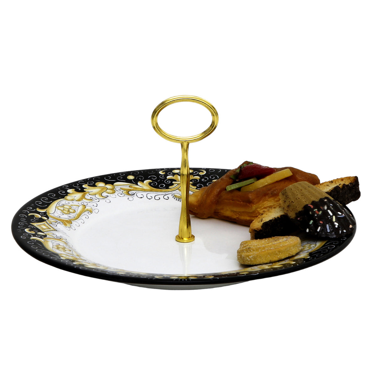 DERUTA COLORI: Tid Bit Server Plate BLACK/GOLD with Golden or Chrome Oval Metal Handle - tops-selection.shop