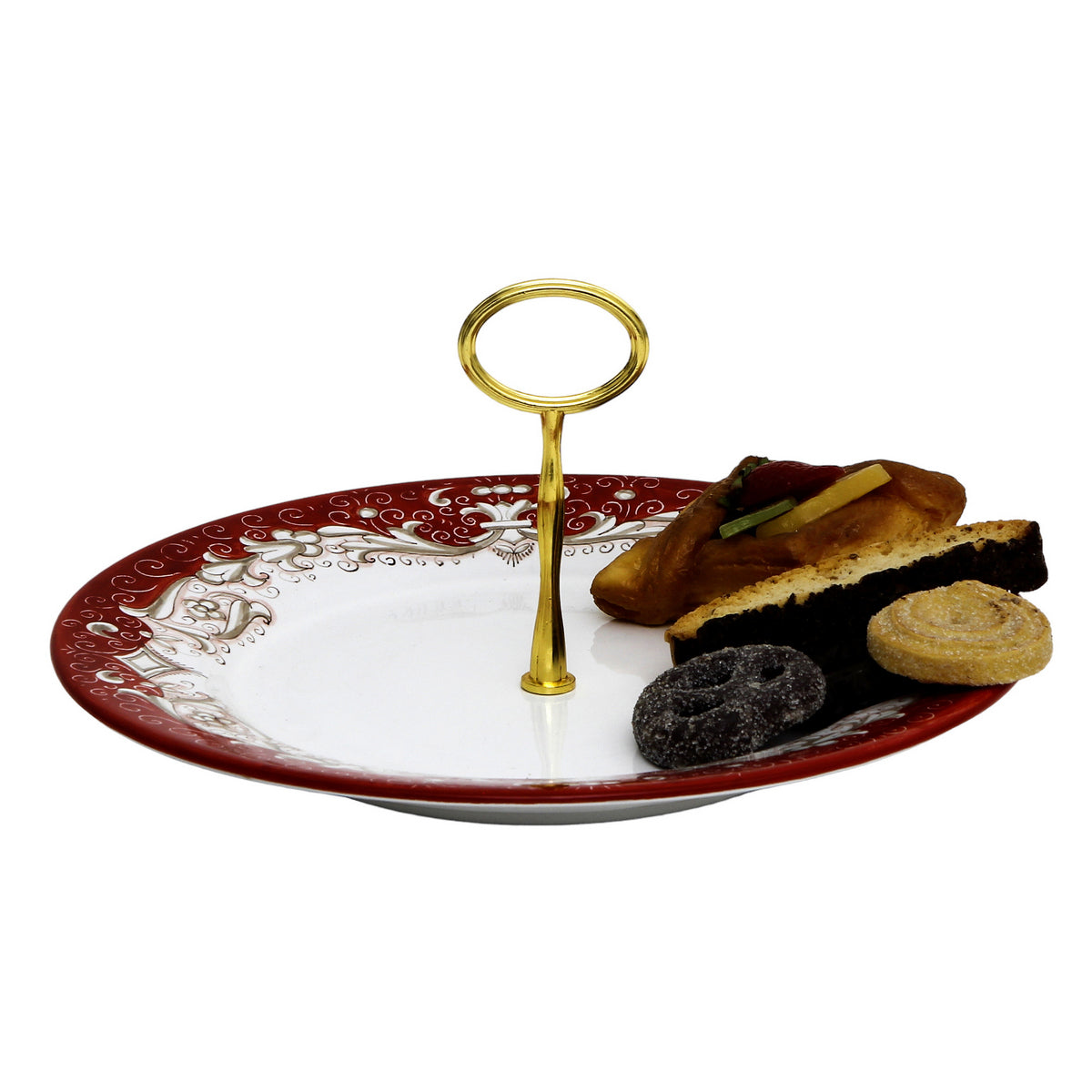 DERUTA COLORI: Tid Bit Server Plate RED with Golden or Chrome Oval Metal Handle - tops-selection.shop