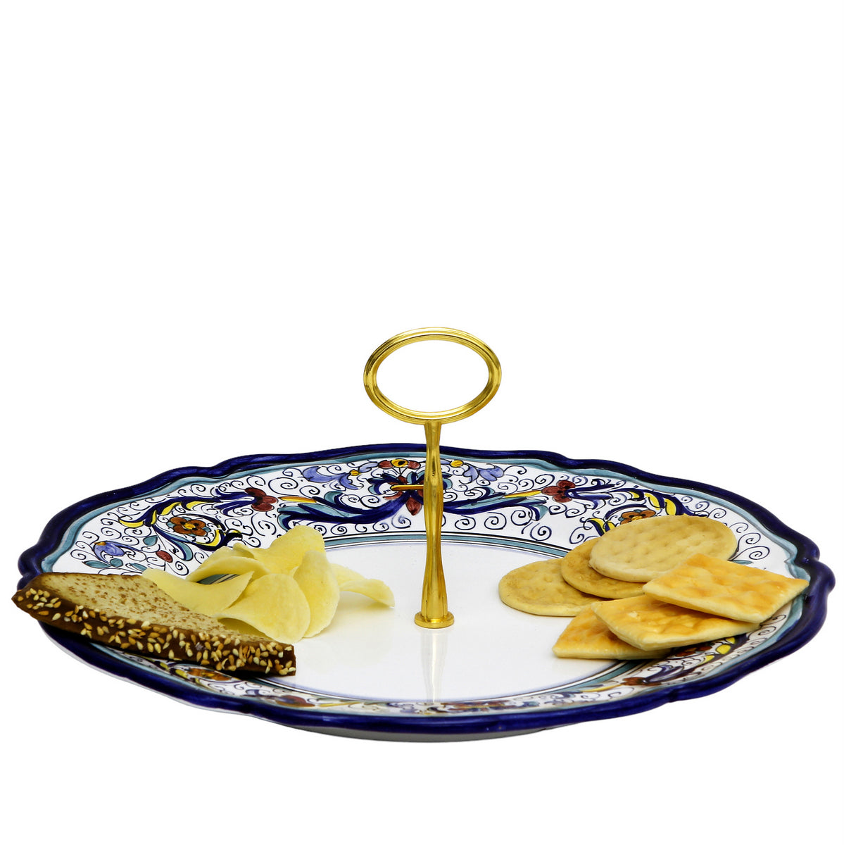 VECCHIA DERUTA: Tid Bit Server Charger Plate with Golden or Chrome Oval Metal Handle - tops-selection.shop