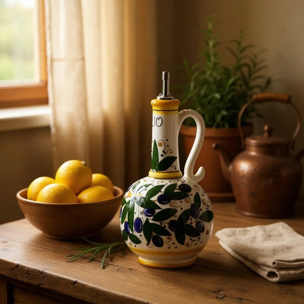 GIFT BOX: With Deruta Olive Oil Dispenser + Saucer/Dipping Bowl + EVOO bottle - OLIVE design