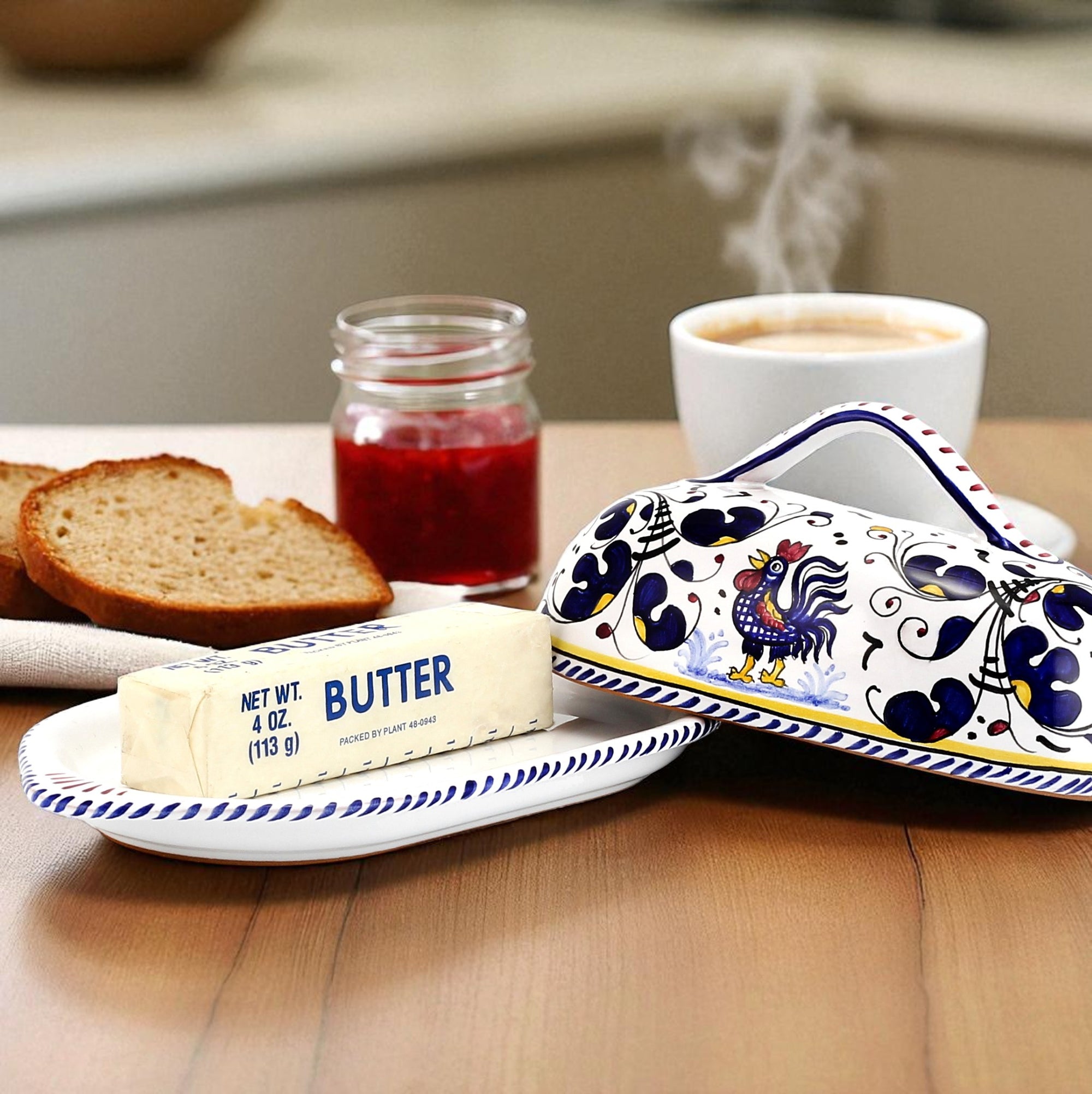 ORVIETO BLUE ROOSTER: Butter Dish with Cover - tops-selection.shop