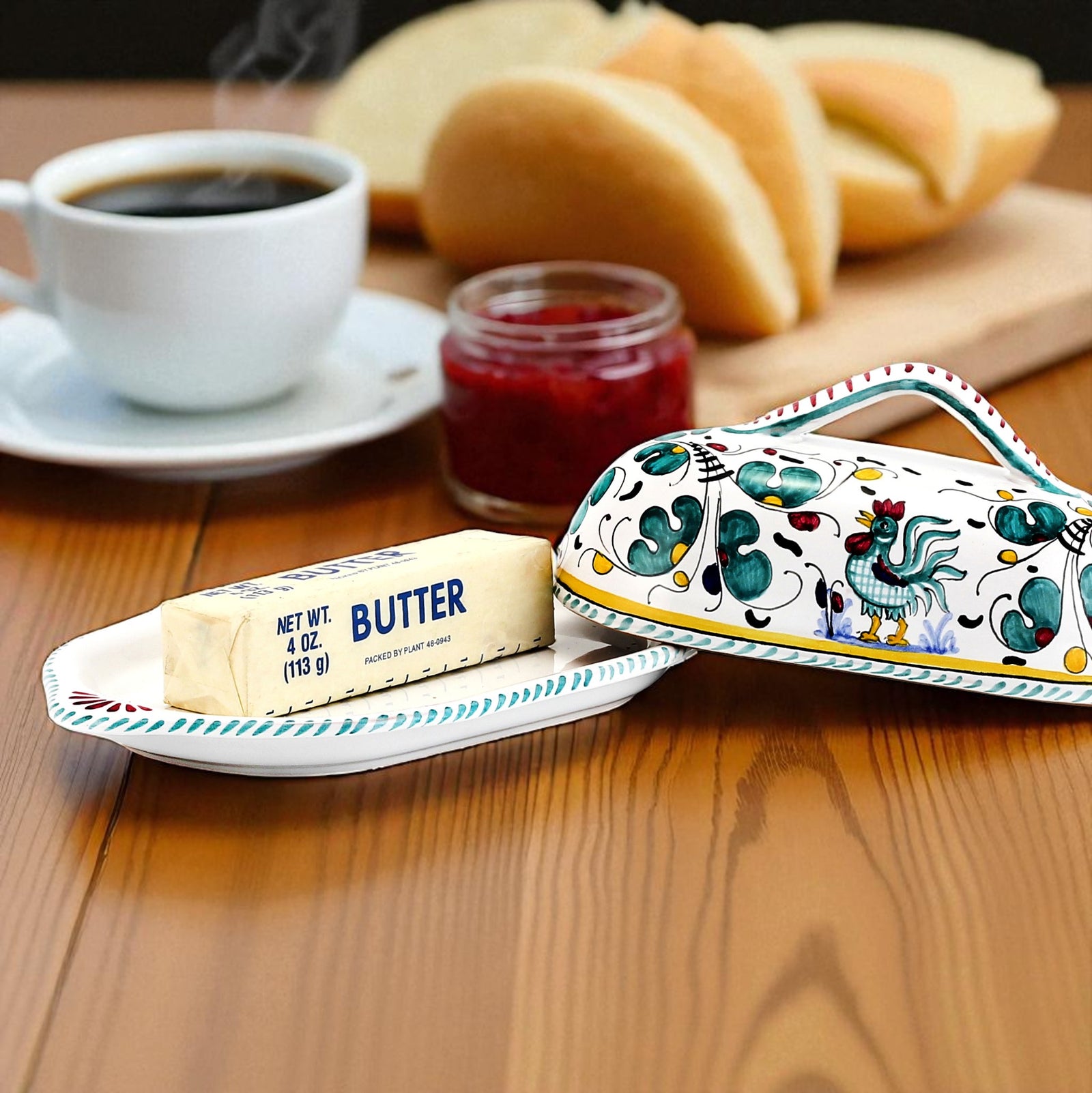 ORVIETO GREEN ROOSTER: Butter Dish w cover - tops-selection.shop