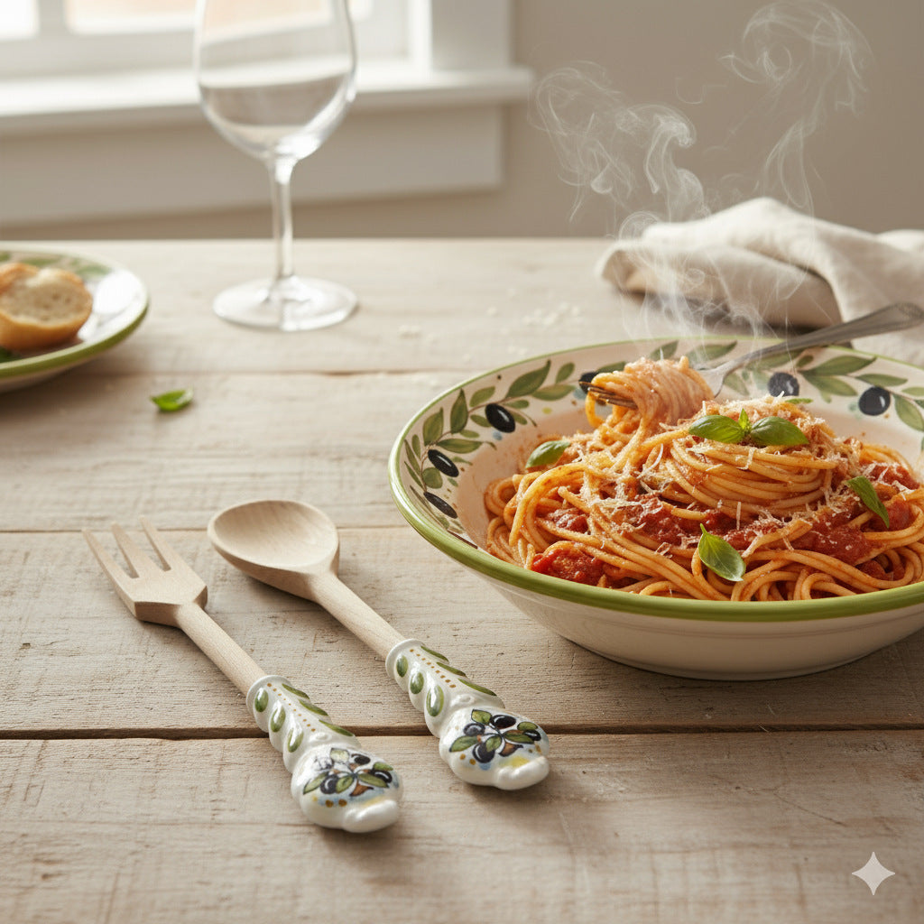 GIFT BOX: Deruta Ceramic and Hard Wood Serving Utensils Set - Olive Design