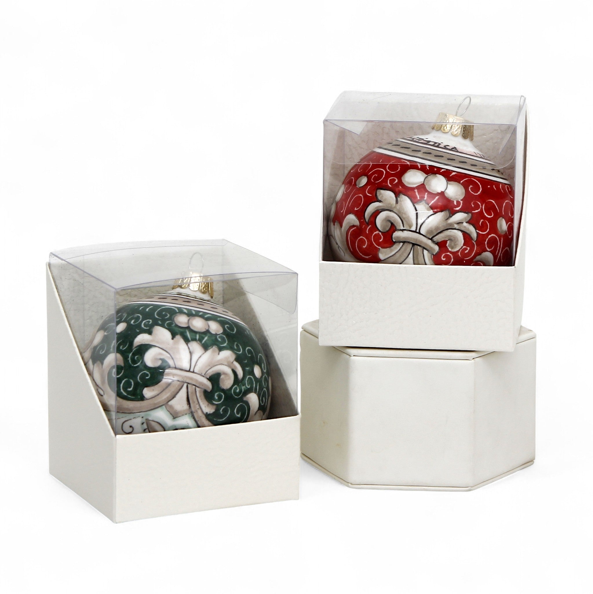 CHRISTMAS ORNAMENT: Deruta Vario Deluxe Round Ball (3.25&quot; Ø) -  SAGE GREEN and CORAL RED (Set of 2 Pcs)