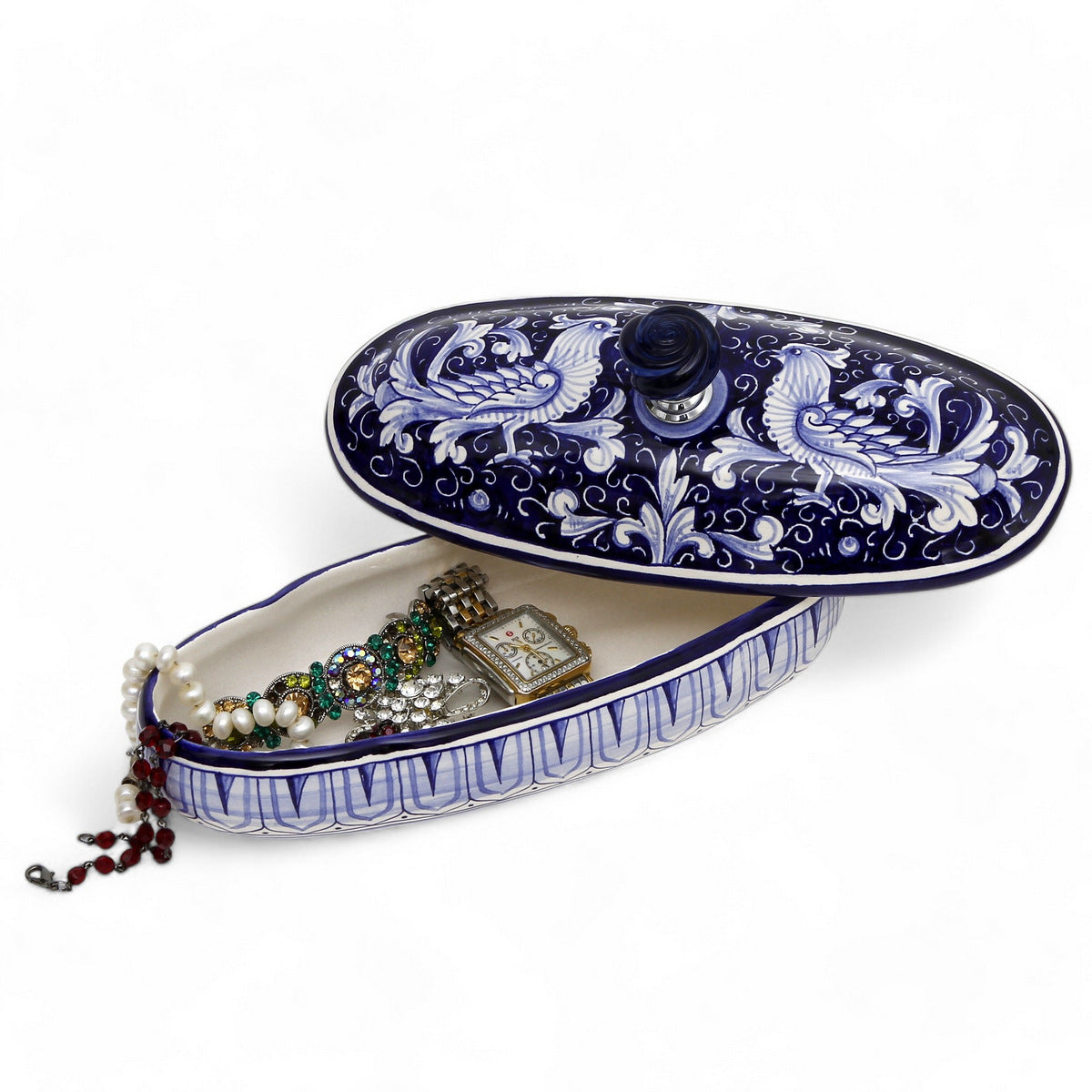 JEWERLY BOX: Authentic Deruta Keepsake Oval Box with Murano Knob - DERUTA FONDO BLU design
