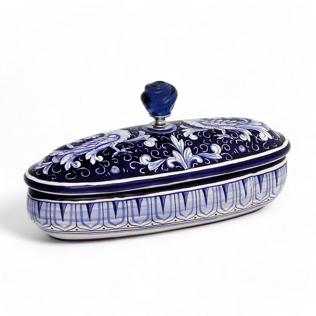 JEWERLY BOX: Authentic Deruta Keepsake Oval Box with Murano Knob - DERUTA FONDO BLU design