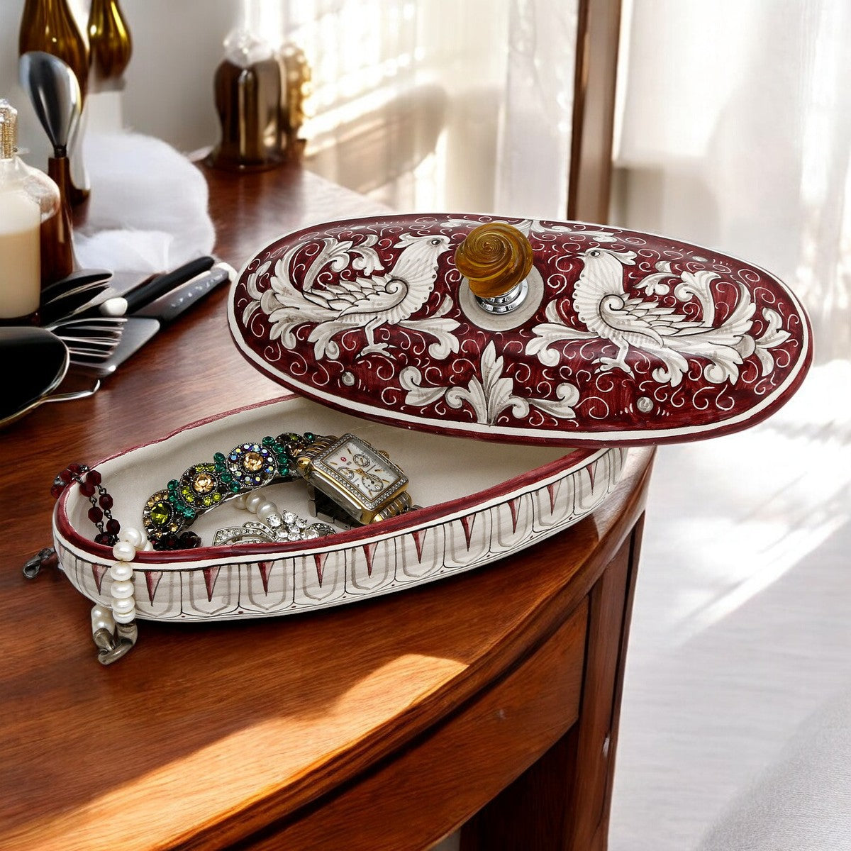 JEWERLY BOX: Authentic Deruta Keepsake Oval Box with Murano Knob - DERUTA FONDO ROSSO design