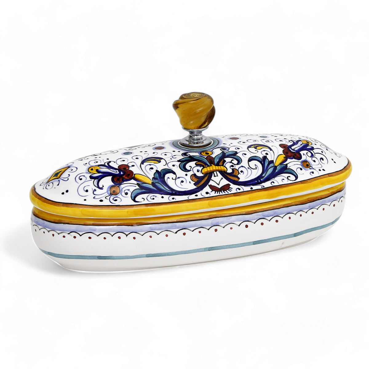 JEWERLY BOX: Authentic Deruta Keepsake Oval Box with Murano Knob - RICCO DERUTA design