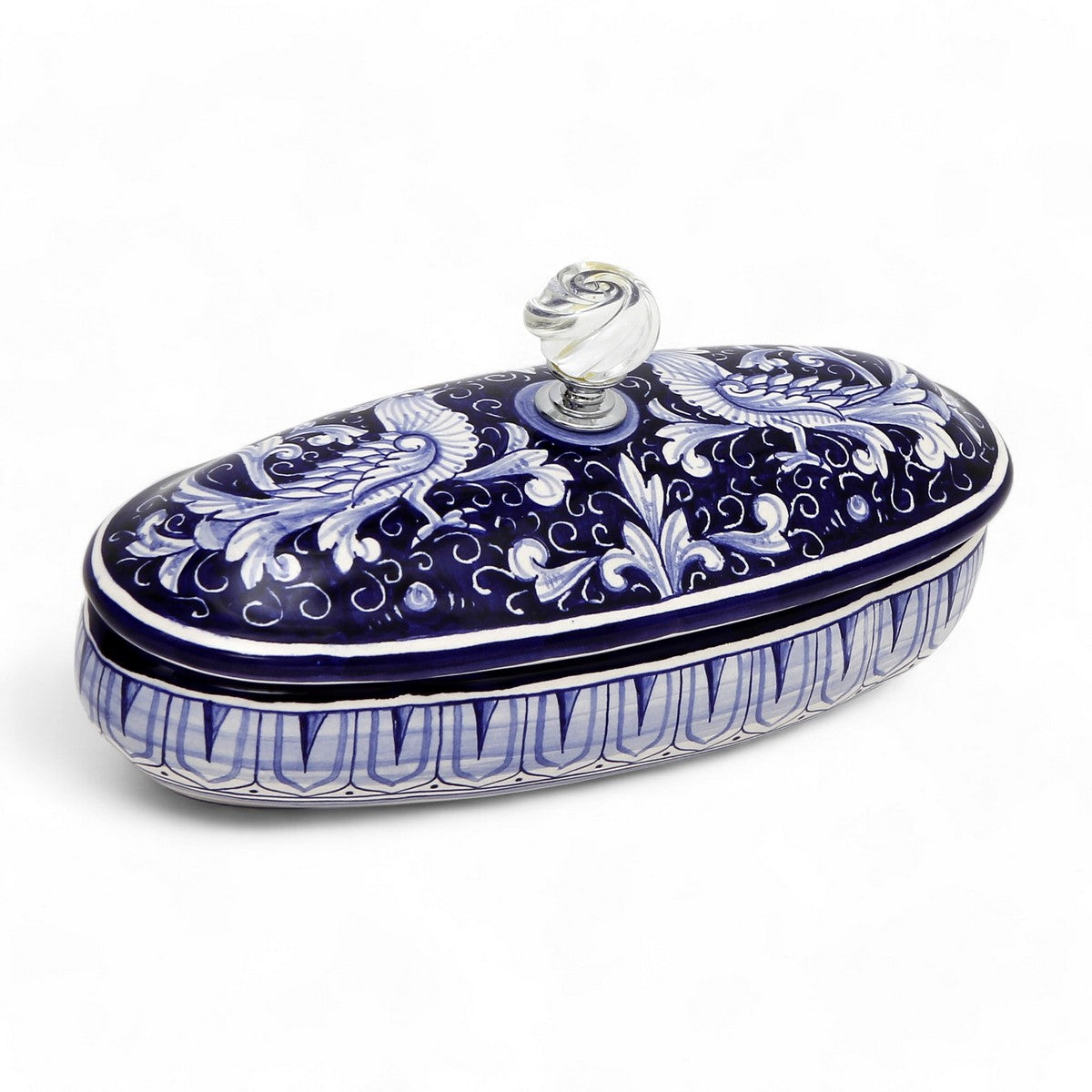 JEWERLY BOX: Authentic Deruta Keepsake Oval Box with Murano Knob - DERUTA FONDO BLU design