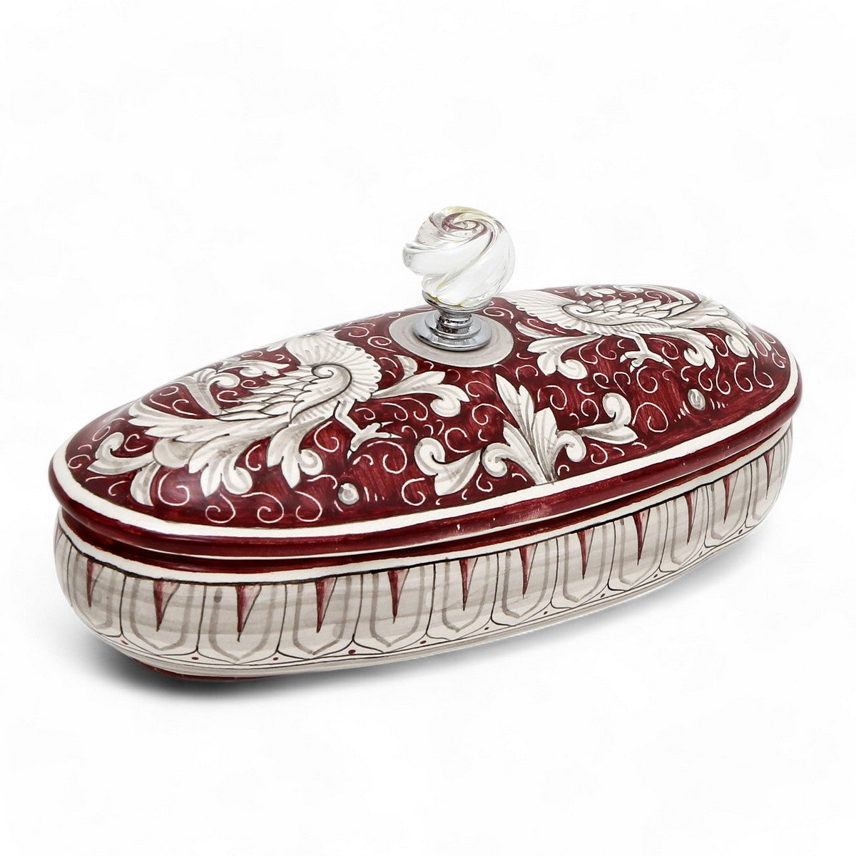 JEWERLY BOX: Authentic Deruta Keepsake Oval Box with Murano Knob - DERUTA FONDO ROSSO design