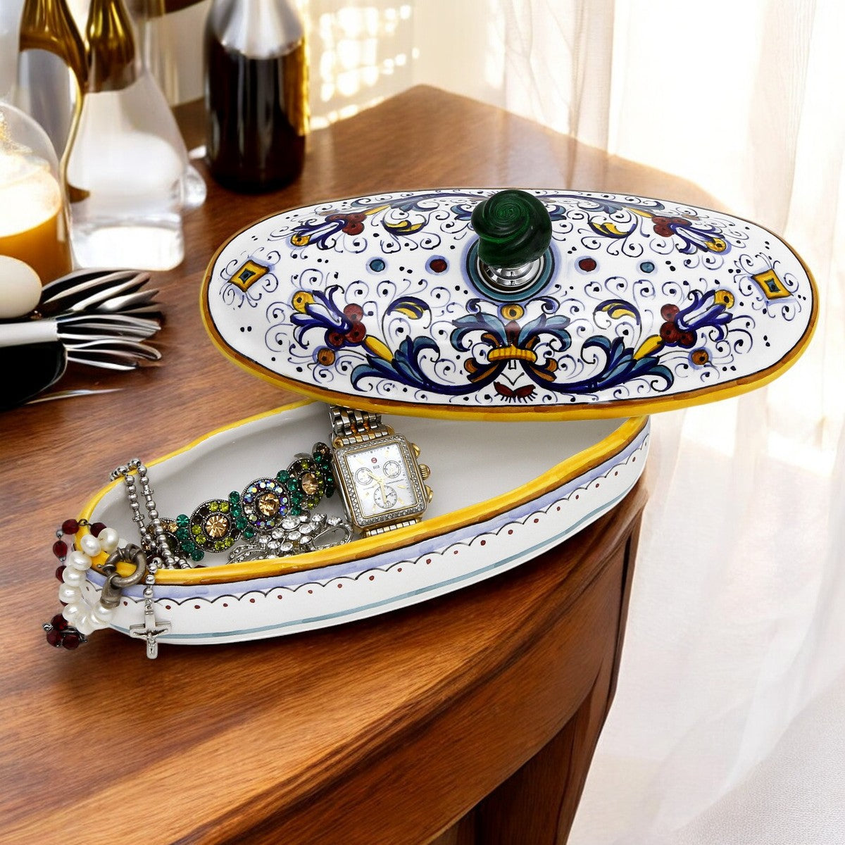 JEWERLY BOX: Authentic Deruta Keepsake Oval Box with Murano Knob - RICCO DERUTA design
