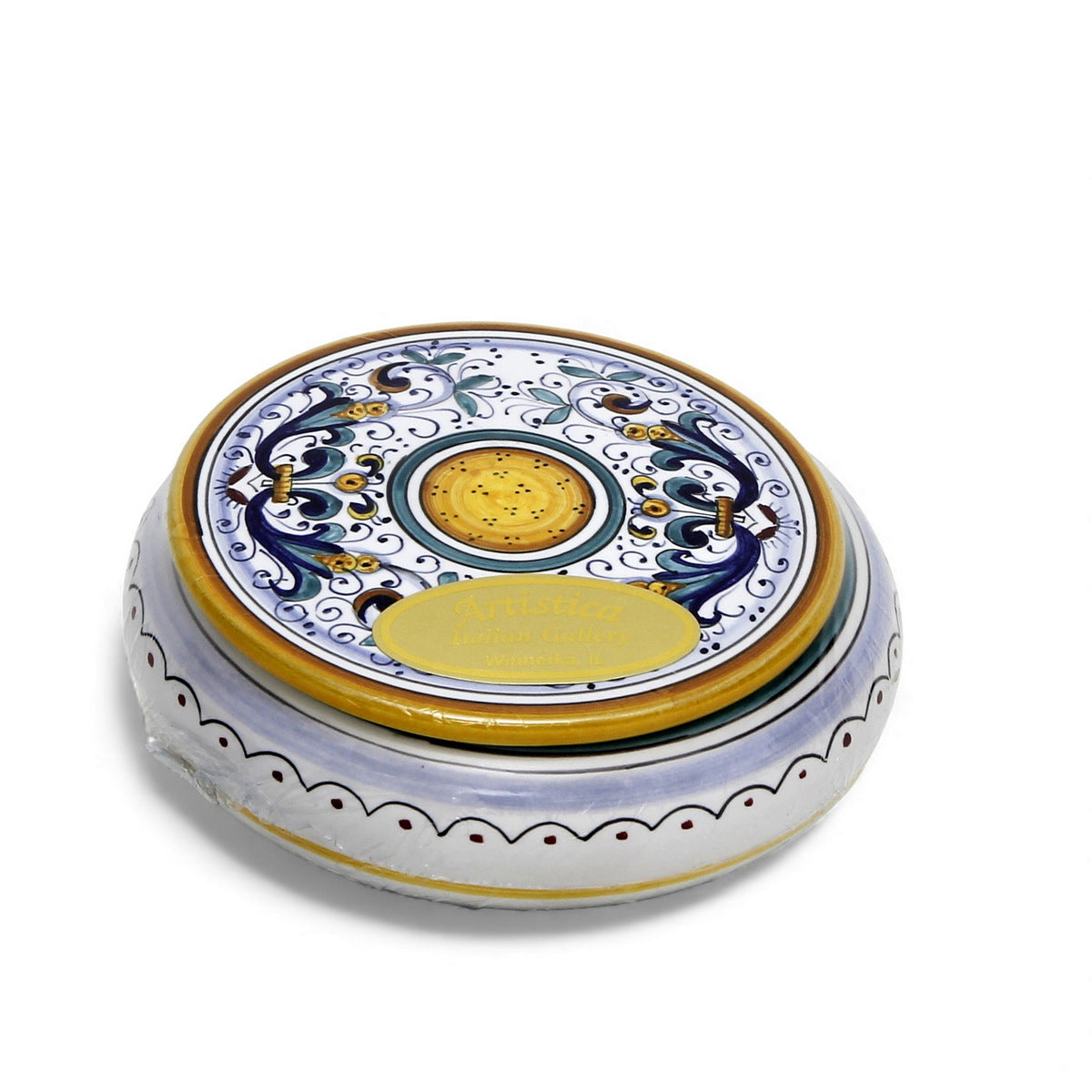 LOVE.ly Deruta Keepsake Round Box with 10 Baci Perugina or 20 ROSSANA Candies - RICCO DERUTA design
