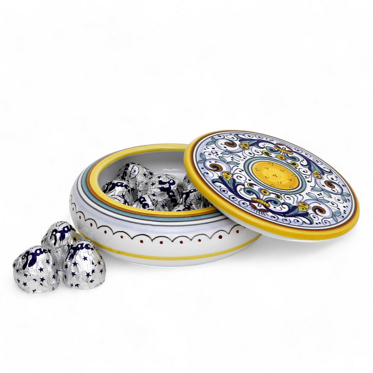 LOVE.ly Deruta Keepsake Round Box with 10 Baci Perugina or 20 ROSSANA Candies - RICCO DERUTA design