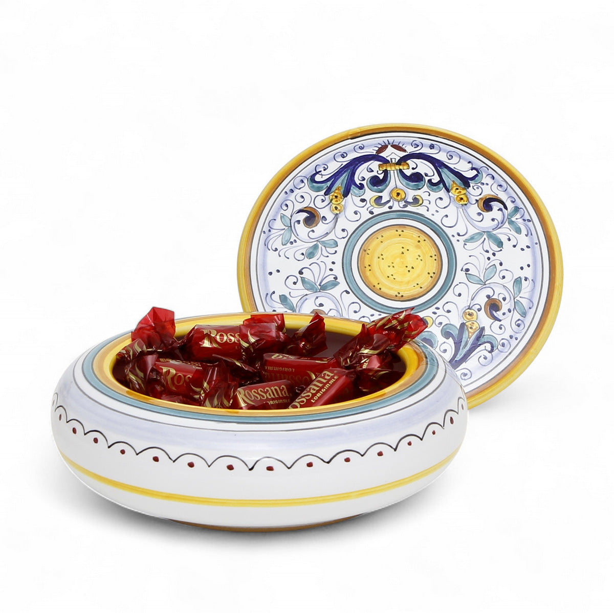 LOVE.ly Deruta Keepsake Round Box with 10 Baci Perugina or 20 ROSSANA Candies - RICCO DERUTA design