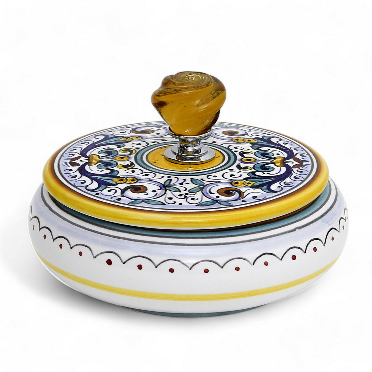 JEWERLY BOX: Authentic Deruta Keepsake Round Box with Murano Knob - RICCO DERUTA design