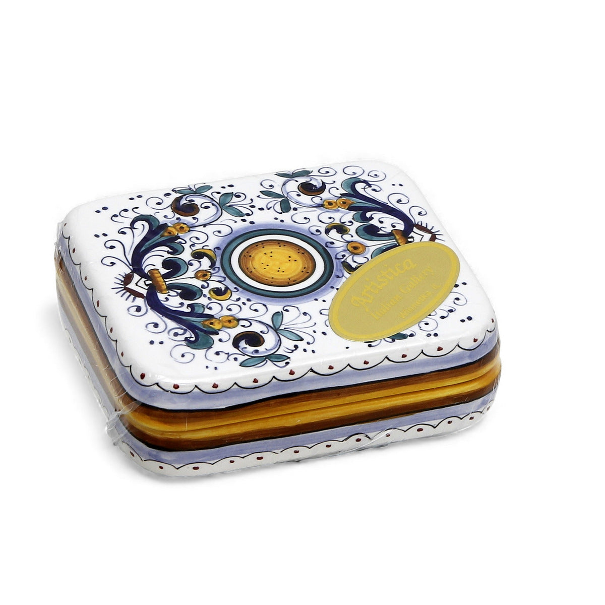 LOVE.ly Deruta Keepsake Rectangular Box with 12 Baci Perugina or 20 Rossana Candies - RICCO DERUTA design