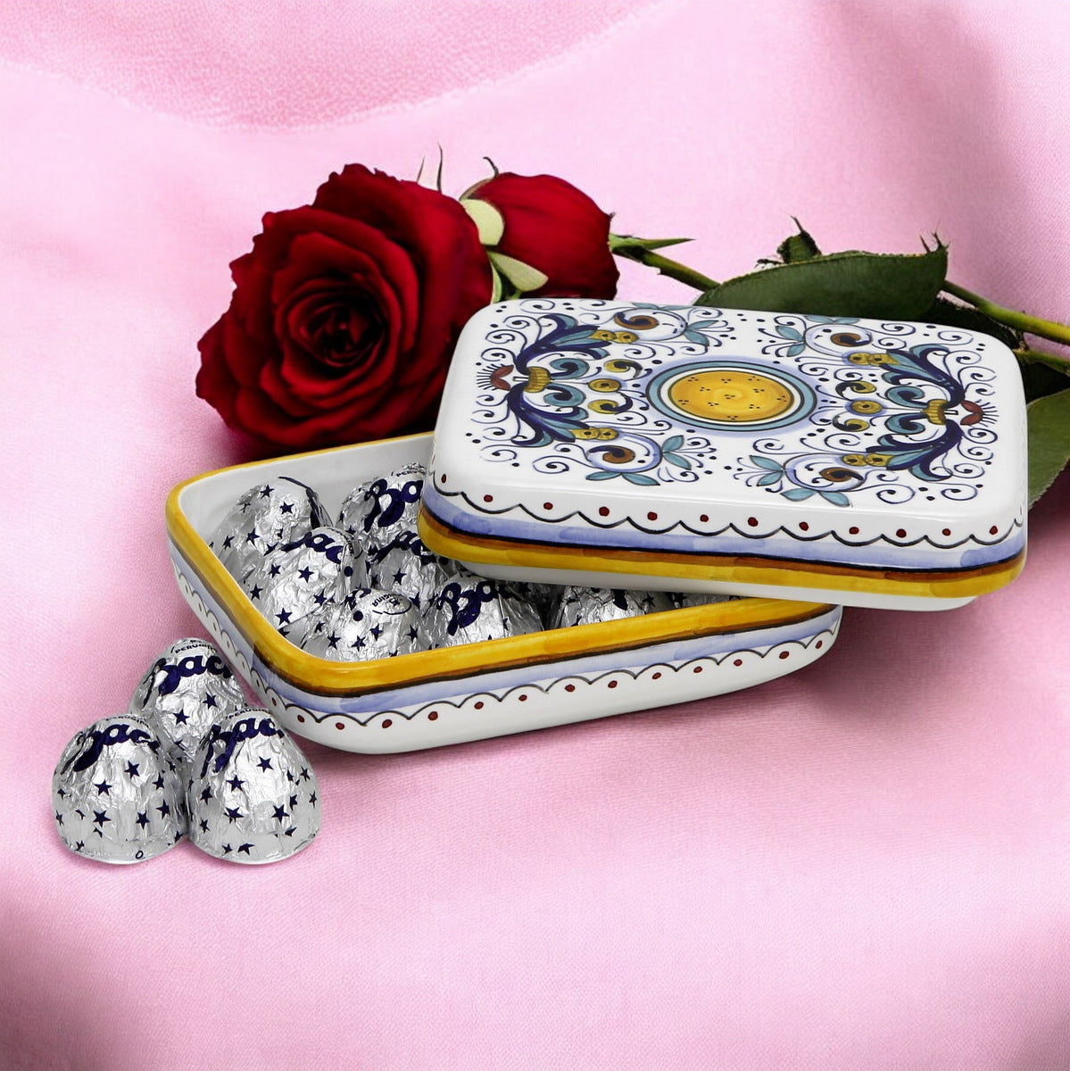 LOVE.ly Deruta Keepsake Rectangular Box with 12 Baci Perugina or 20 Rossana Candies - RICCO DERUTA design