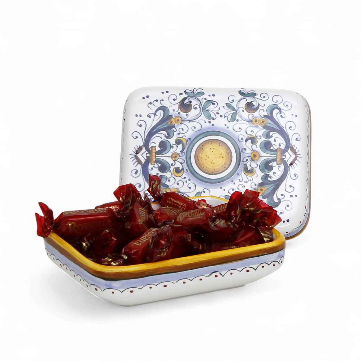 LOVE.ly Deruta Keepsake Rectangular Box with 12 Baci Perugina or 20 Rossana Candies - RICCO DERUTA design