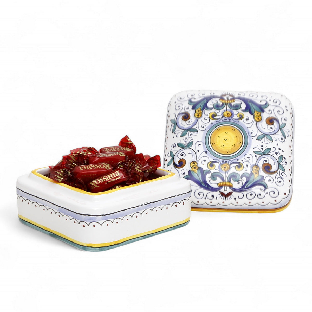LOVE.ly Deruta Keepsake Square Box with 12 Baci Perugina or 20 Rossana candies - RICCO DERUTA design