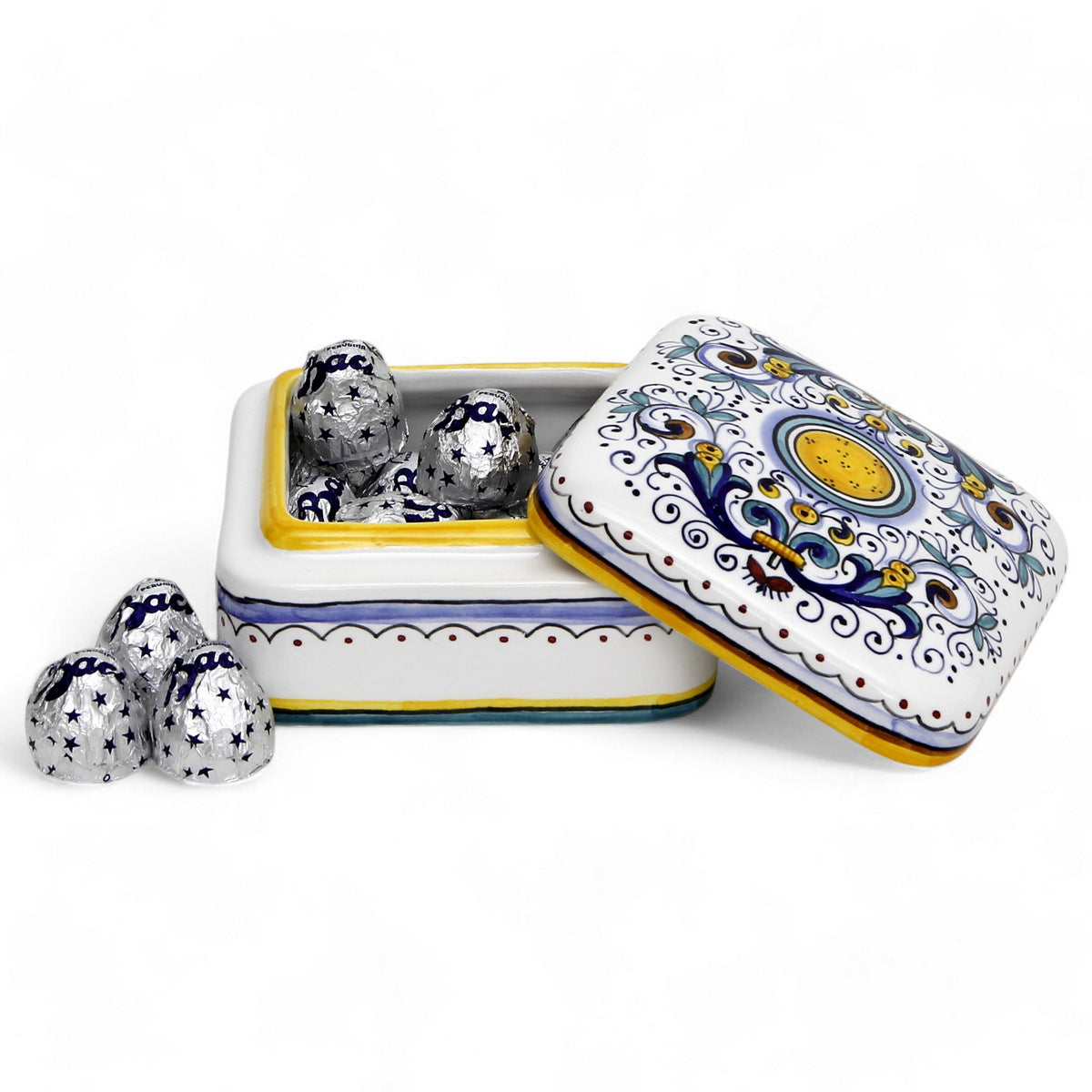 LOVE.ly Deruta Keepsake Square Box with 12 Baci Perugina or 20 Rossana candies - RICCO DERUTA design