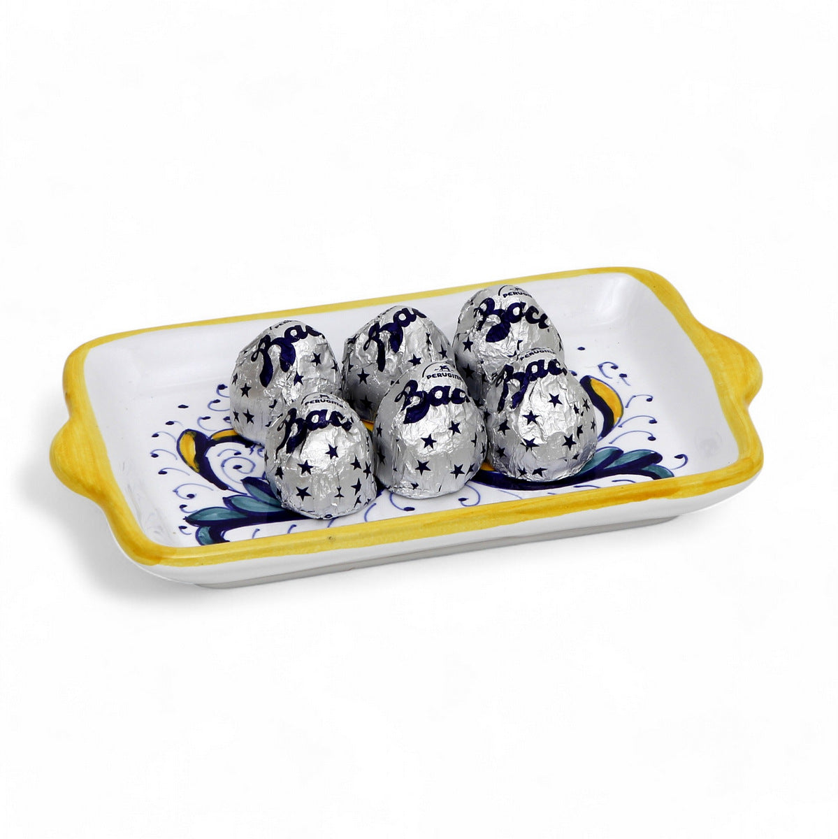LOVE.ly Deruta Small Tray with 6 Baci Perugina or 15 Rossana Candies - RICCO DERUTA design