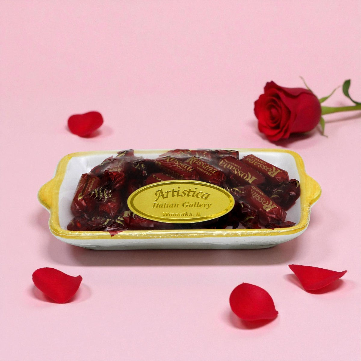 LOVE.ly Deruta Small Tray with 6 Baci Perugina or 15 Rossana Candies - RICCO DERUTA design