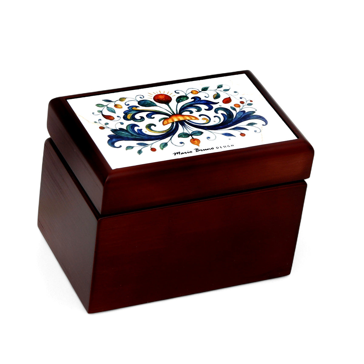 RICCO ITALIA DERUTA: WOOD BOX Lined Tea Bags Wood Box with printed tile lid - Ricco Italia Deruta Design