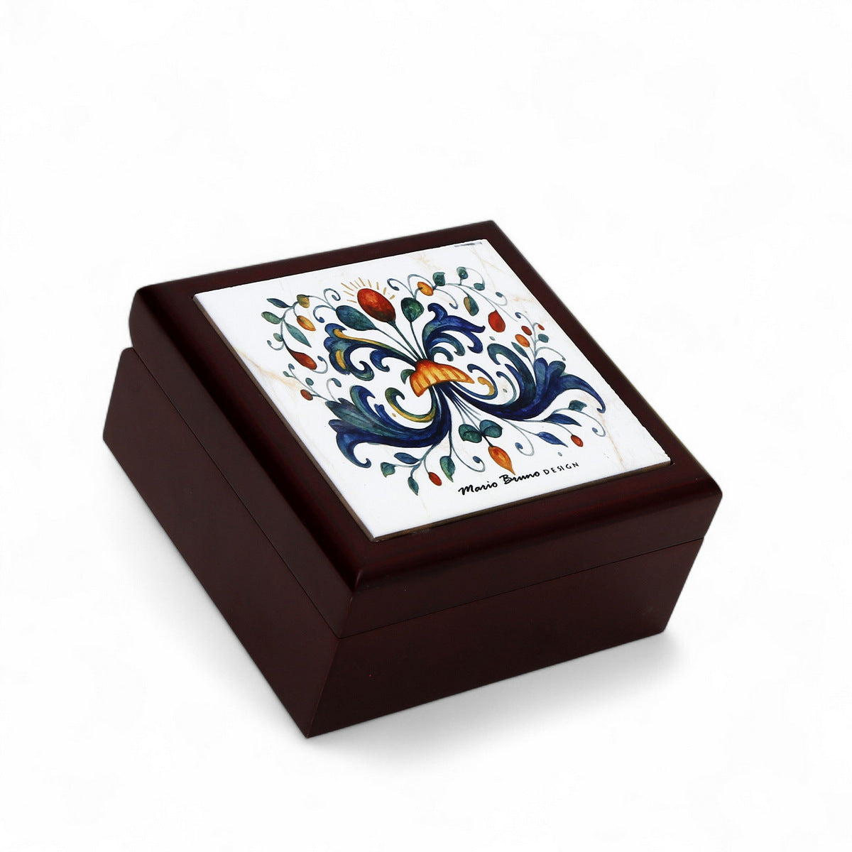 RICCO ITALIA DERUTA: WOOD BOX Lined Square Large Wood keepsake box with printed tile - Ricco Italia Deruta Design