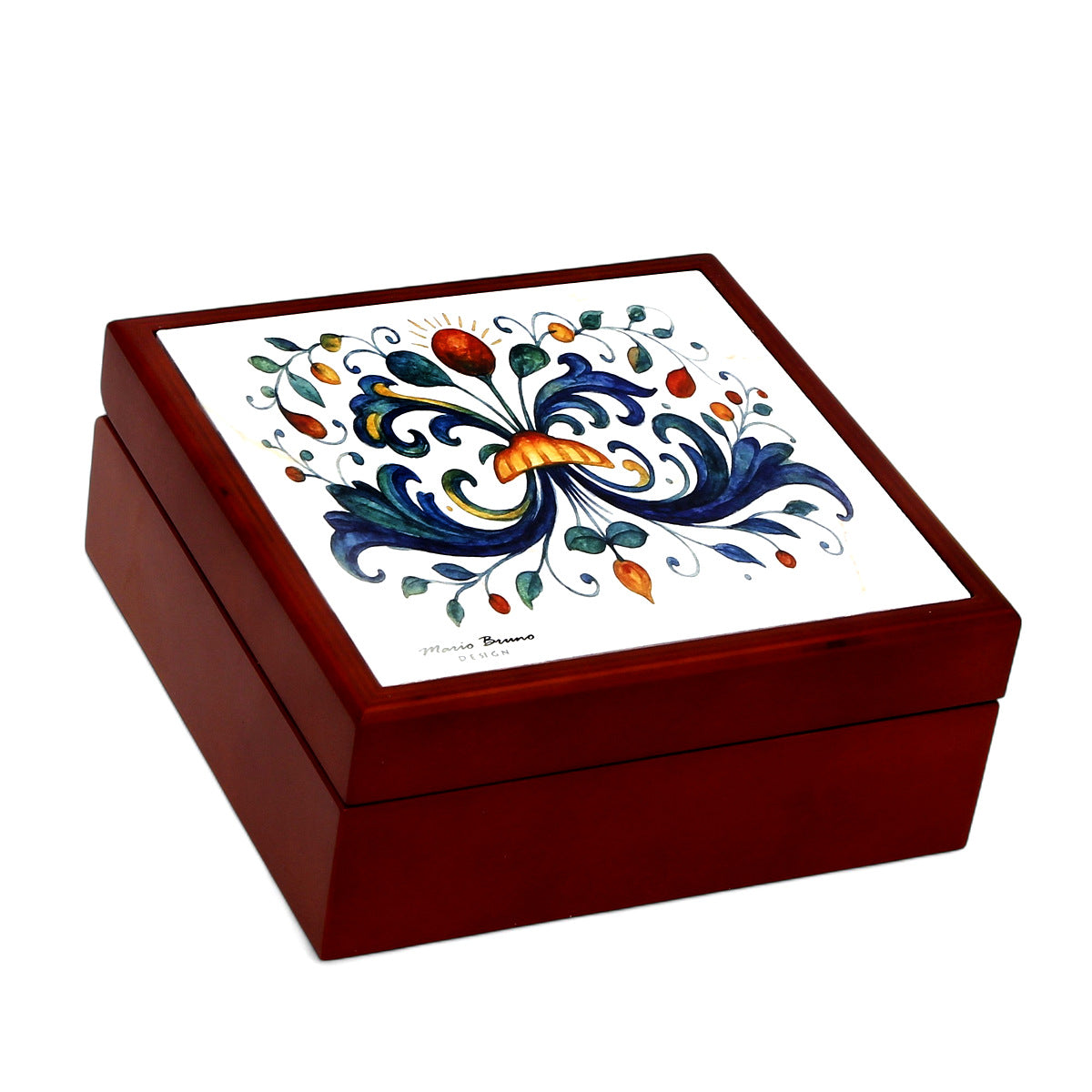RICCO ITALIA DERUTA: WOOD BOX Lined Square Large Wood keepsake box with printed tile - Ricco Italia Deruta Design