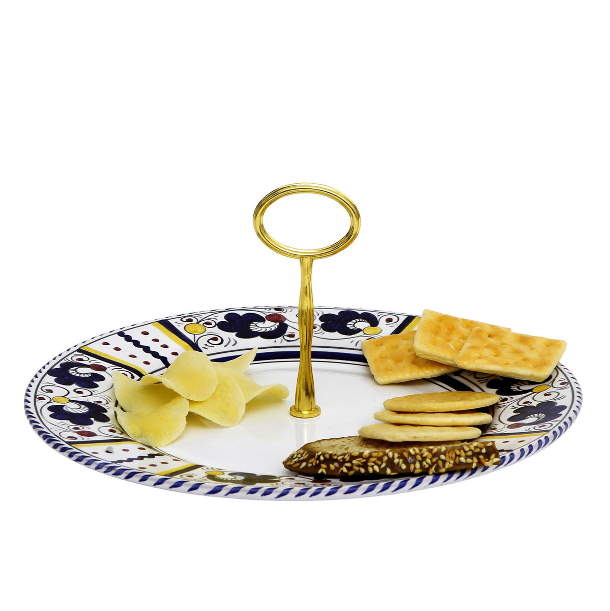 ORVIETO BLUE ROOSTER: Tid Bit Server Plate with Golden or Chrome Oval Metal Handle - tops-selection.shop
