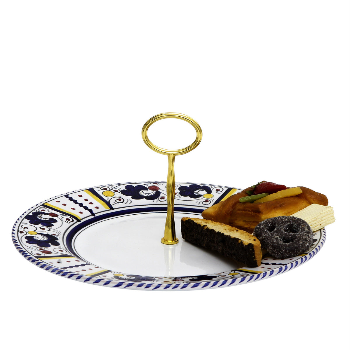 ORVIETO BLUE ROOSTER: Tid Bit Server Plate with Golden or Chrome Oval Metal Handle - tops-selection.shop