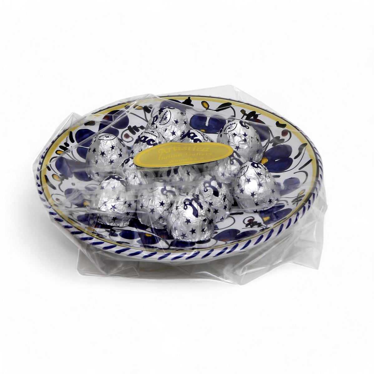 LOVE.ly Deruta Small Round Plate with 12 Baci Perugina - ORVIETO BLUE ROOSTER design