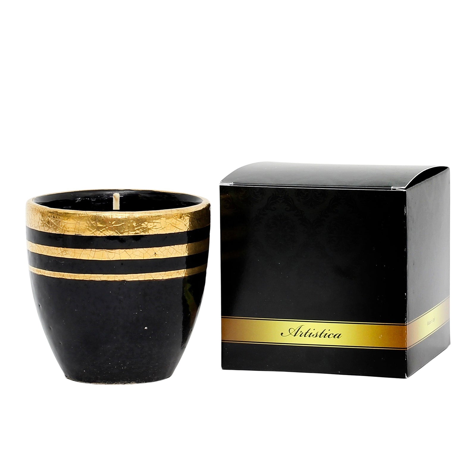 DERUTA MILANO: Large Candle Black with Hand Painted Pure Gold Stripes - tops-selection.shop