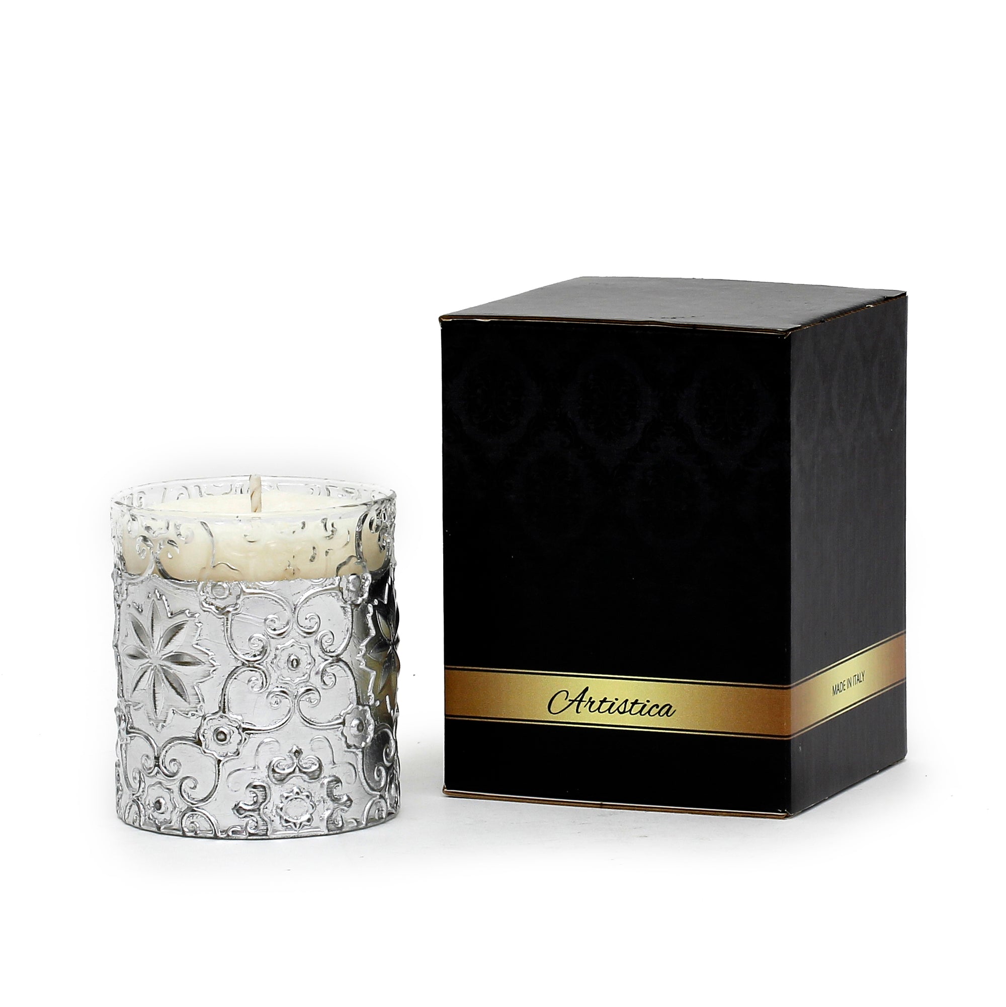 CRYSTAL CANDLES: Bass relief Design with Silver Leaf finish ~ (10 Oz) - tops-selection.shop