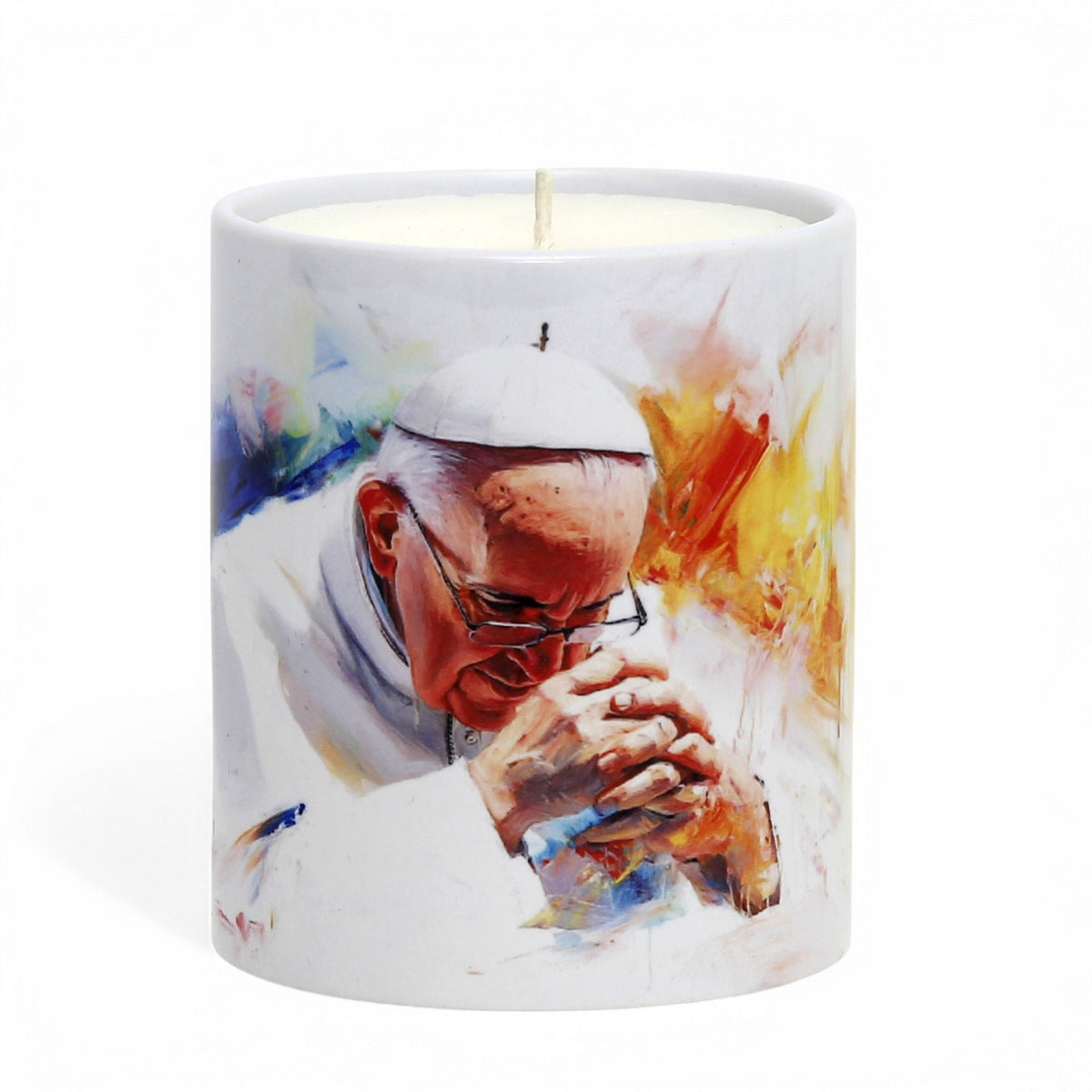 porcelain candle pope francis design close up
