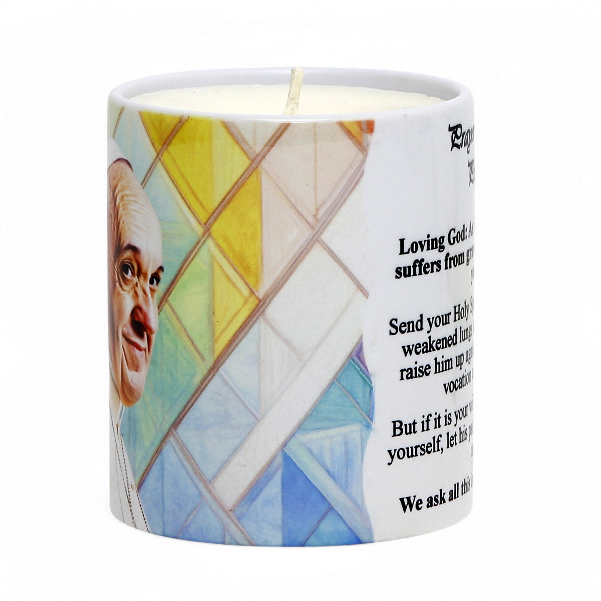 SUBLIMART: Prayer Candle - Porcelain Soy Wax Candle Pope Francis Healing Prayer (Oración de Sanación)