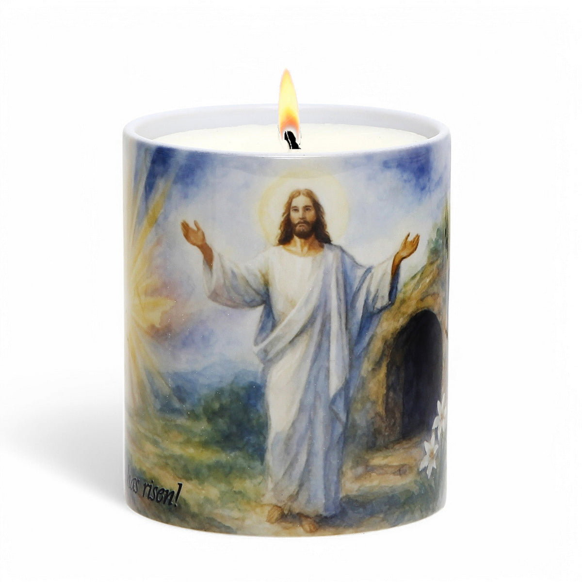 SUBLIMART: &quot;He Has Risen!&quot; Easter Candle - Porcelain Soy Wax Candle with Scripture Citations in English and Spanish.