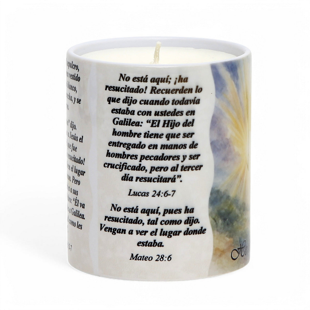 SUBLIMART: "He Has Risen!" Easter Candle - Porcelain Soy Wax Candle with Scripture Citations in English and Spanish.