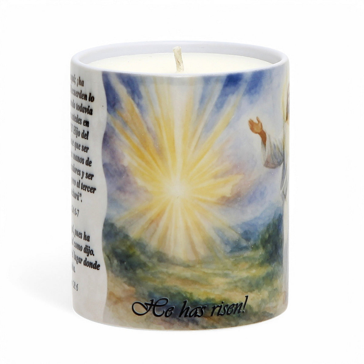 SUBLIMART: "He Has Risen!" Easter Candle - Porcelain Soy Wax Candle with Scripture Citations in English and Spanish.