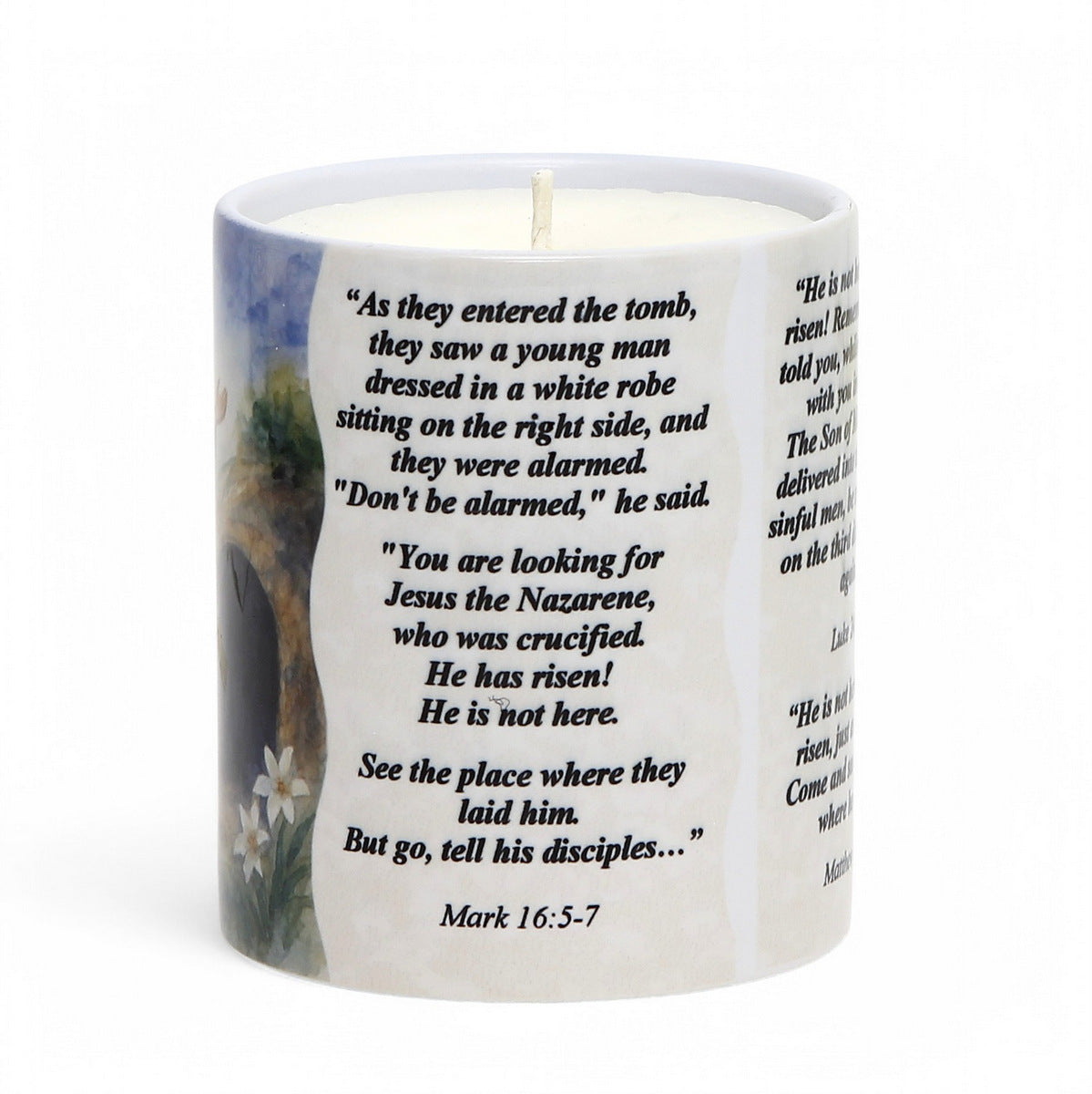 SUBLIMART: "He Has Risen!" Easter Candle - Porcelain Soy Wax Candle with Scripture Citations in English and Spanish.