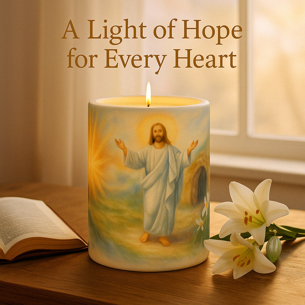 SUBLIMART: "He Has Risen!" Easter Candle - Porcelain Soy Wax Candle with Scripture Citations in English and Spanish.