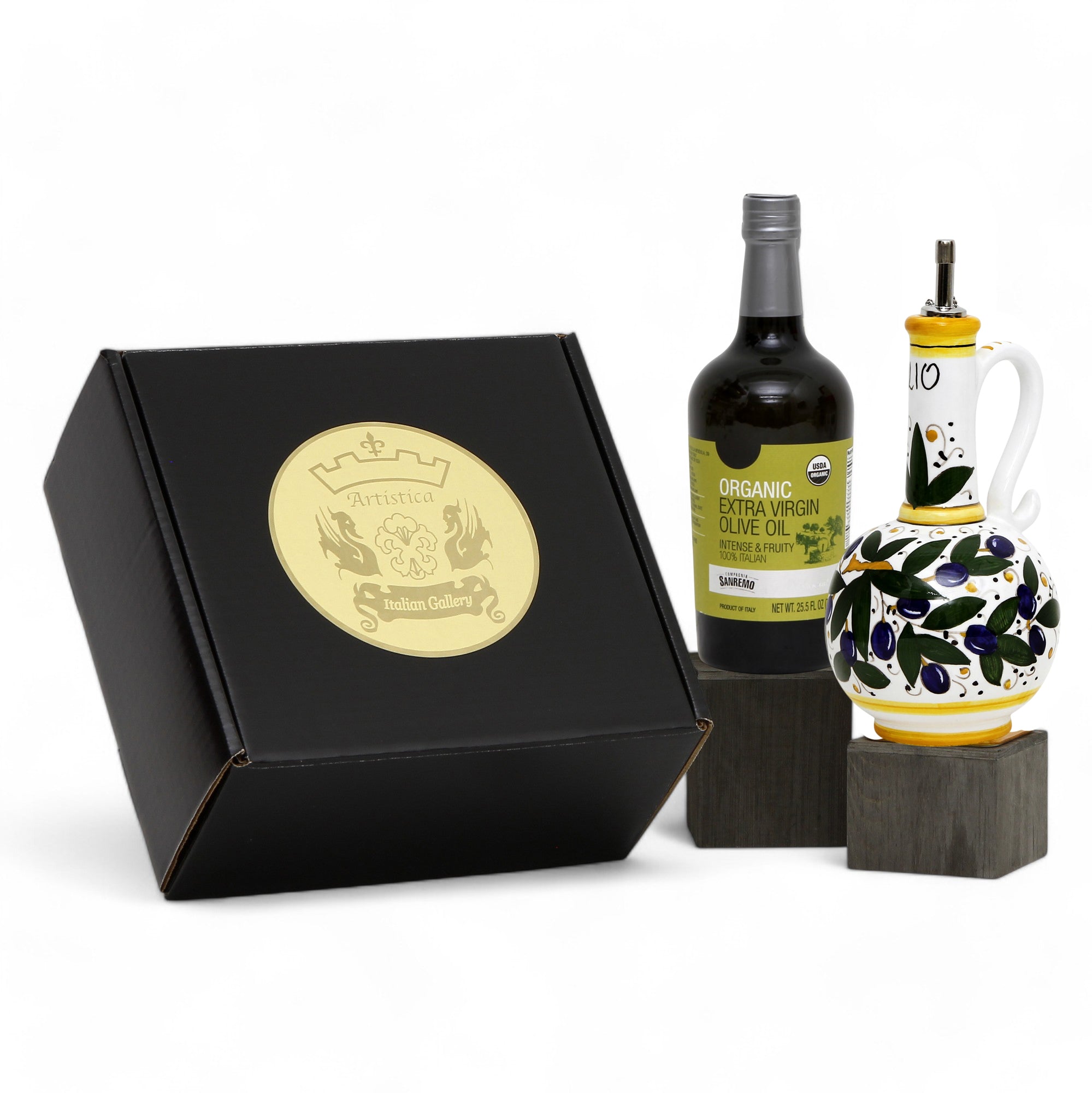 GIFT BOX: With Deruta Olive Oil Dispenser + Saucer/Dipping Bowl + EVOO bottle - OLIVE design