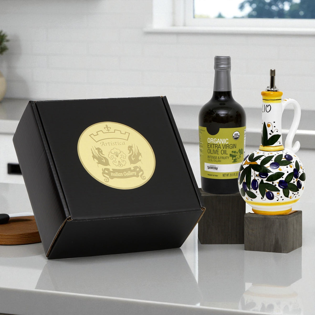 GIFT BOX: With Deruta Olive Oil Dispenser + Saucer/Dipping Bowl + EVOO bottle - OLIVE design