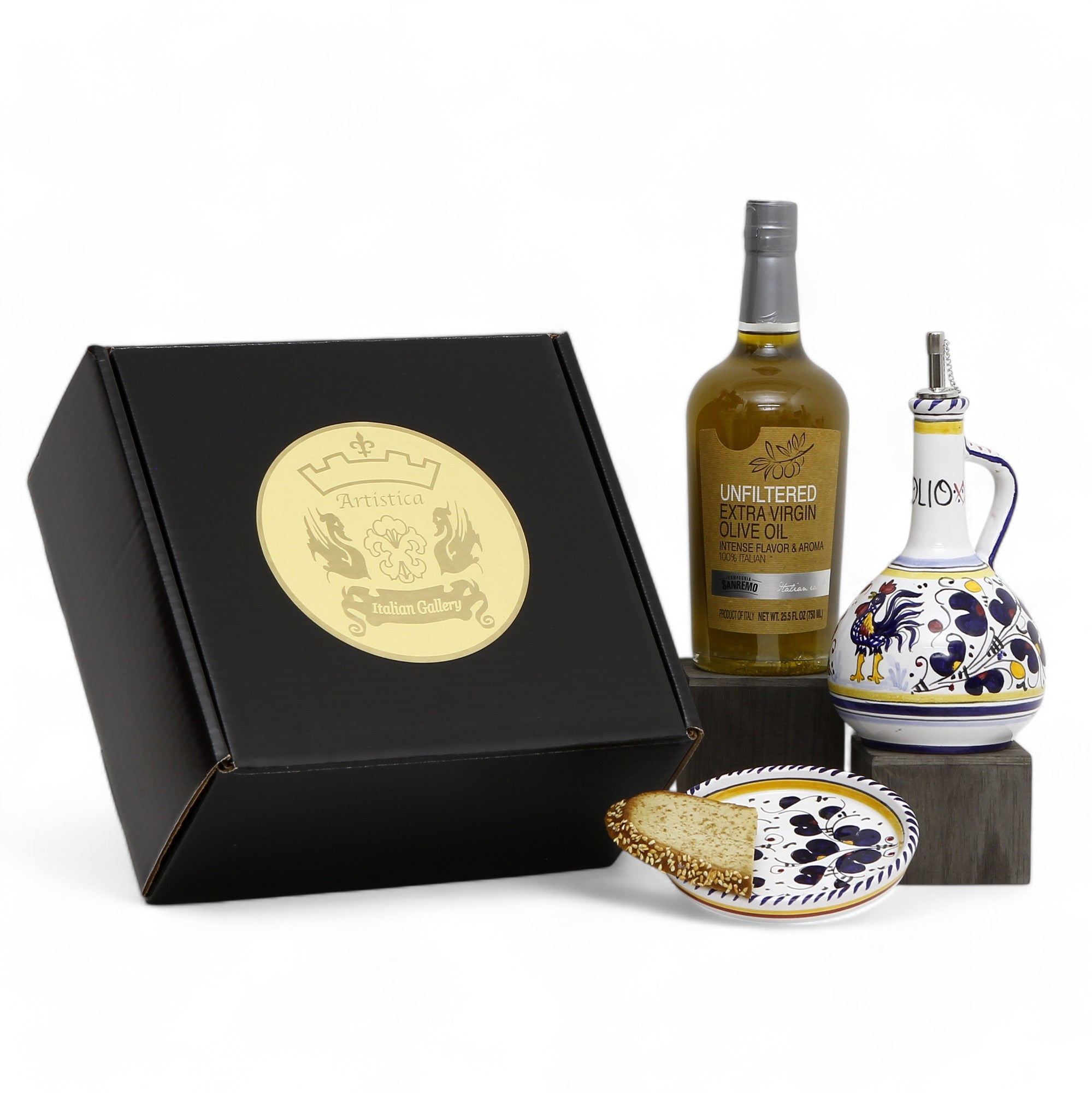 GIFT BOX: With Deruta Olive Oil Dispenser + Saucer/Dipping Bowl + EVOO bottle - GREEN ROOSTER design