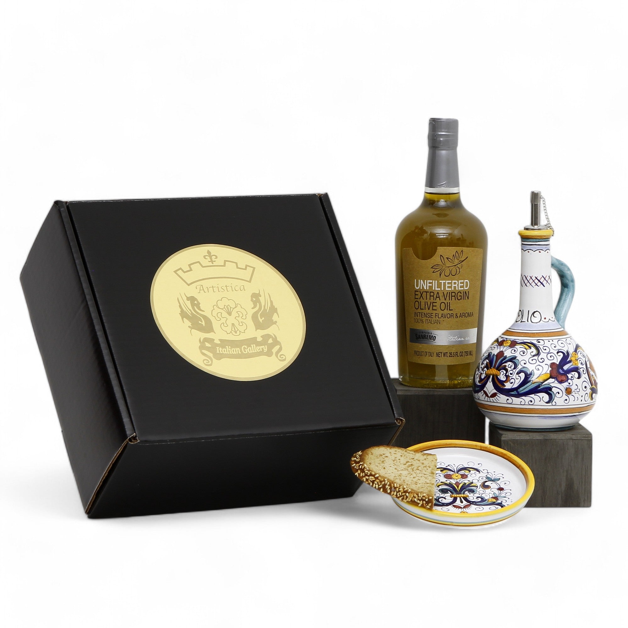 GIFT BOX: With Deruta Olive Oil Dispenser + Saucer/Dipping Bowl + EVOO bottle - RICCO DERUTA design