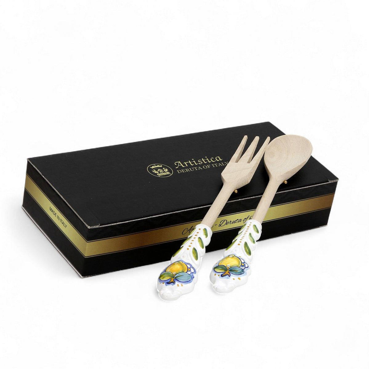 UTENSIL SET: LEMON Design - Hard Wood with Hand Painted Ceramic Handle (Pair Set)
