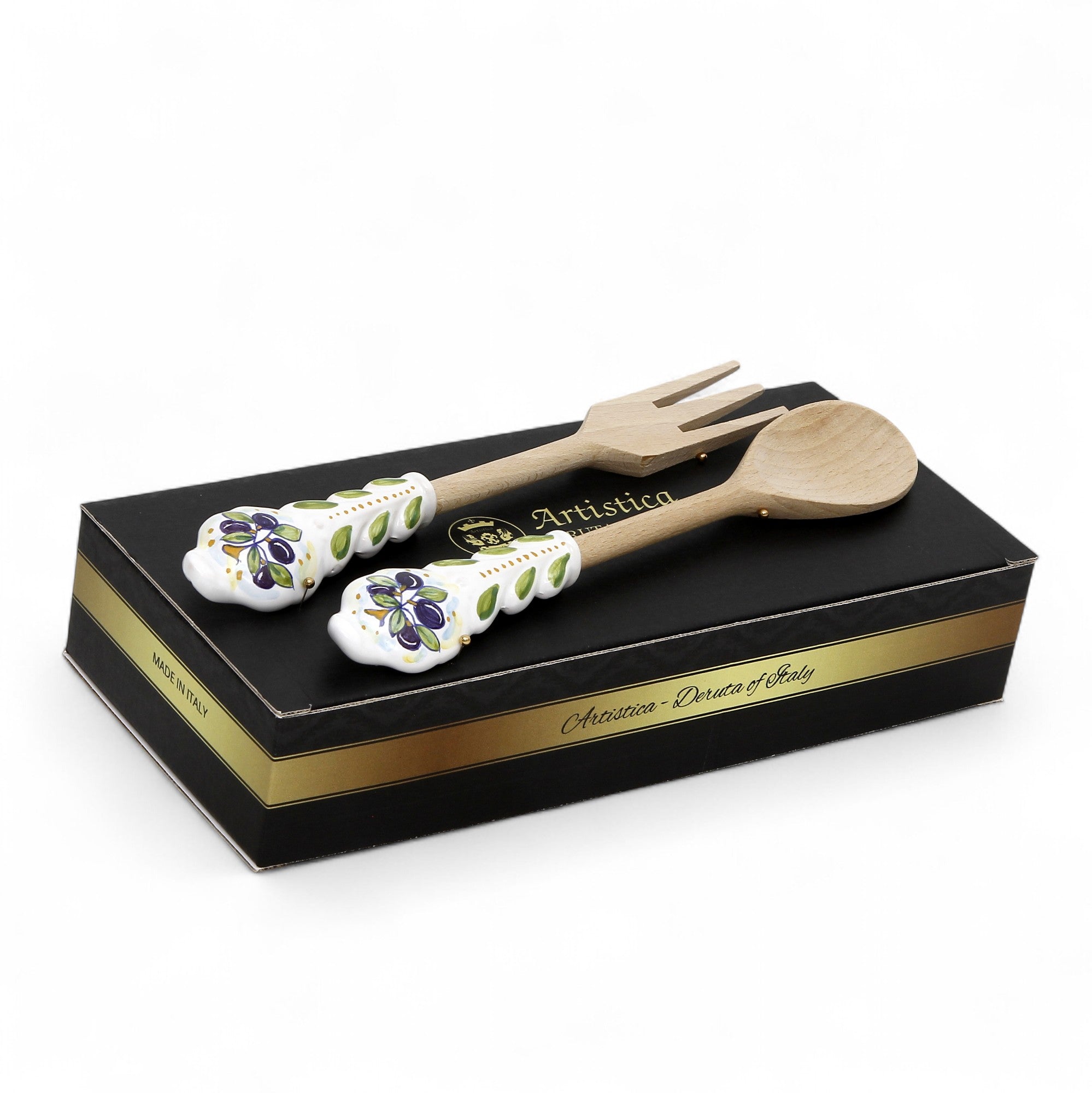 GIFT BOX: Deruta Ceramic and Hard Wood Serving Utensils Set - Olive Design