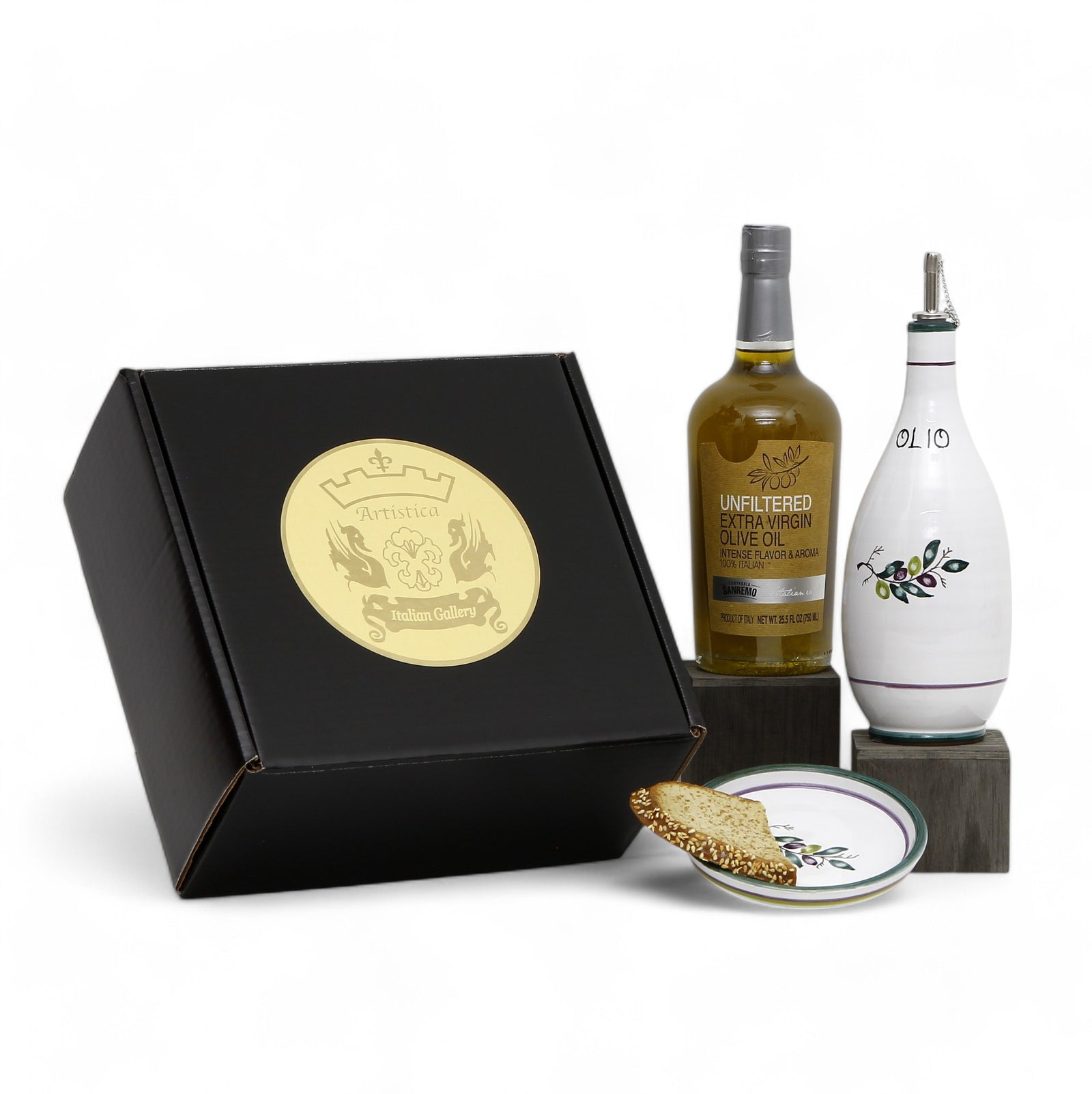 GIFT BOX: With Deruta Olive Oil Dispenser + Saucer/Dipping Bowl + EVOO bottle - OLIVE design